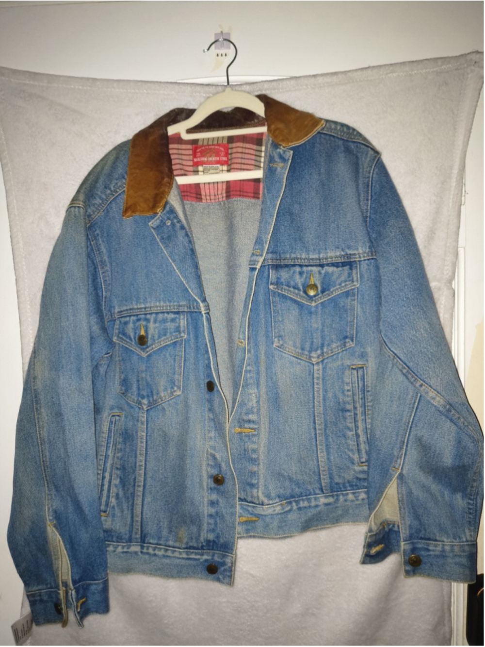 Vintage Marlboro Country Store Denim Jacket Leather Collar Distressed Adult S